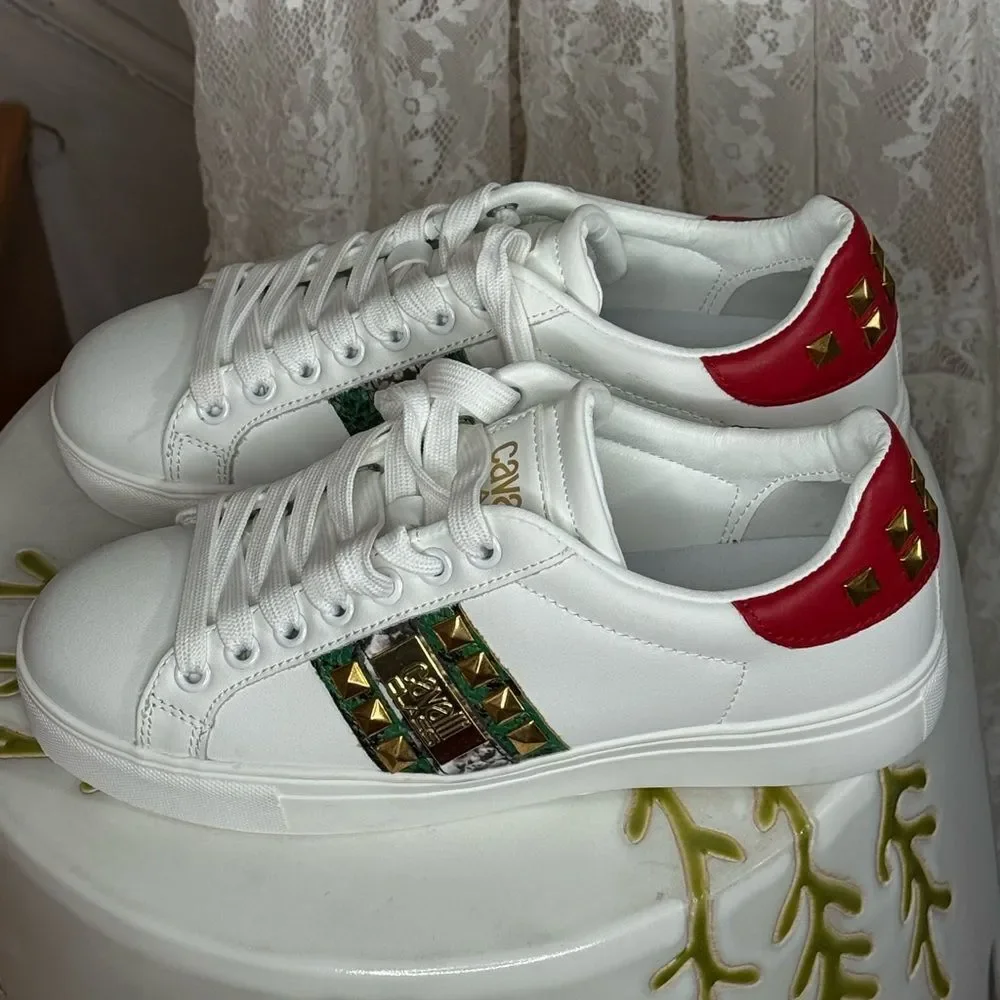 Roberto Cavalli Snake Embossed Pyramid Stud Tennis Shoe